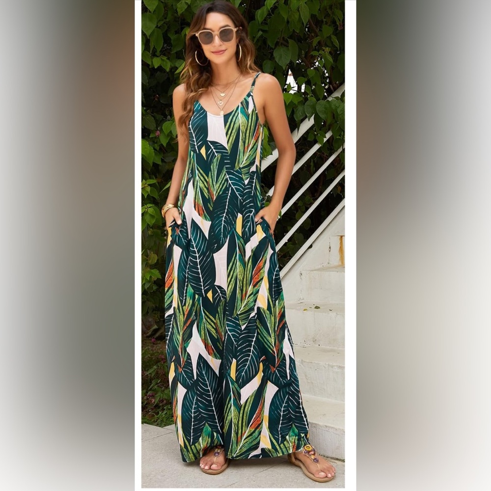 NWOT Black, Green, Pink Tropical Leaf Print Maxi Dress Size Medium